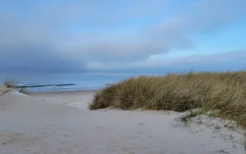 Piaskowe wydmy porośnięte trawą, spokojne morze i błękitne niebo. Idealne ciche spokojne miejsce na weekend.