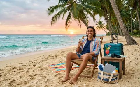 En glad man sitter på en strandstol vid havet, med en drink och en resväska bredvid. En rolig fakta om USA är att det finns över 400 nationalparker.
