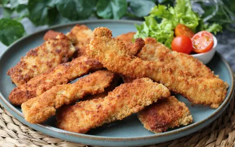 Crujientes fingers de pollo dorados en un plato azul, acompañados de lechuga y tomates cherry. ¡Perfectos para picar!