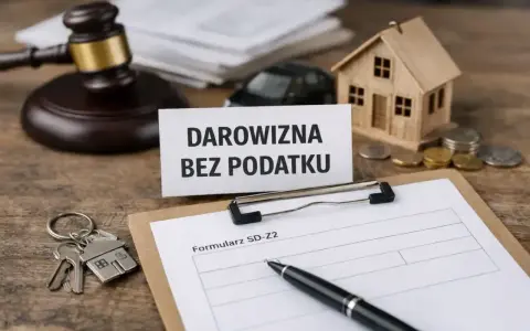 Formularz SD-Z2 czeka na wypełnienie. Klucze do domu, model domu i monety sugerują zgłoszenie darowizny bez podatku.