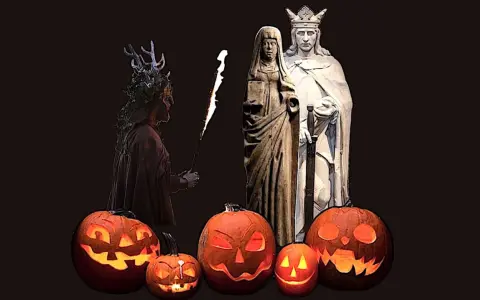 Skrämmande pumpor lyser upp mörkret inför **halloween datum**. En figur med horn och fackla står bredvid statyer av ett kungapar.