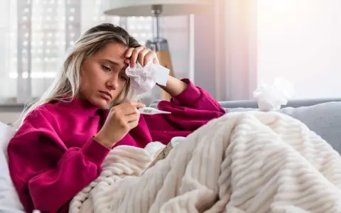 Donna malata con termometro e fazzoletto, preoccupata per il suo stato, forse **immunodepresso significato** da approfondire.