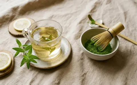 Préparation du matcha pour profiter de ses bienfaits. Thé vert, citron et herbes fraîches sur fond de lin.