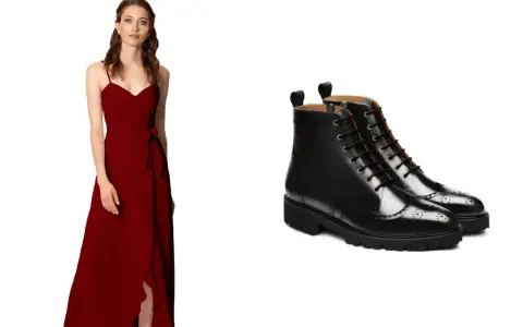 Mujer con vestido largo rojo y botines negros de cordones. Un look audaz para cualquier ocasión.