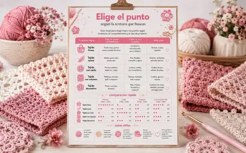 Guía visual de puntos bonitos para tejer, mostrando texturas y proyectos ideales. Incluye tabla comparativa y notas útiles.
