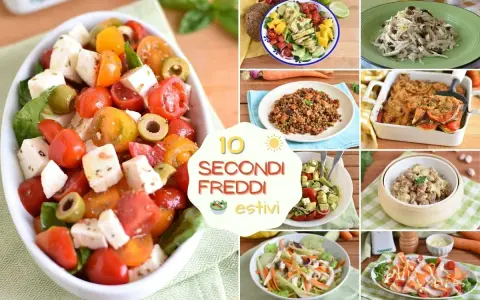 Collage di 10 secondi freddi estivi: insalate colorate, caprese, lenticchie, pollo e altro ancora. Perfetti per l'estate!