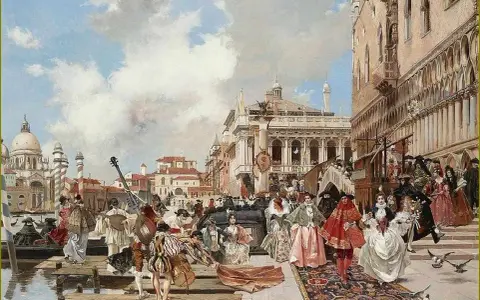 Scène de carnaval à Venise, inspirée par Théophile Gautier. Des personnages costumés déambulent sur un tapis, musique et architecture grandiose.