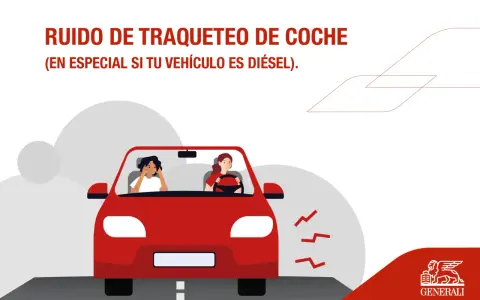 Dos mujeres en un coche rojo, una con las manos en las orejas por el ruido del motor. El texto indica "ruido coche en marcha".