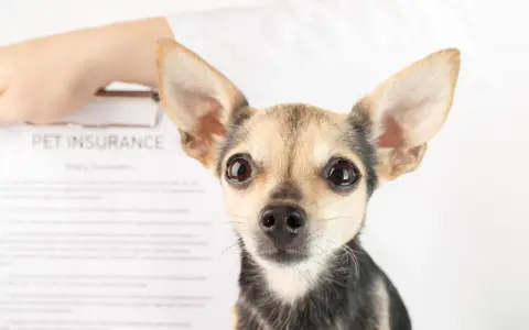 Mały piesek patrzy w obiektyw. Obok dokument "PET INSURANCE". Czy to przyszły pacjent behawiorysty?