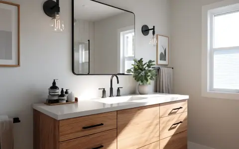 Une salle de bain moderne avec un meuble-lavabo en bois clair, un grand miroir, des luminaires industriels et une plante verte. Idéal pour peindre une salle de bain.