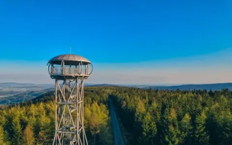 Metalowa jagodna wieża widokowa wznosi się nad gęstym lasem iglastym, oferując zapierającą dech w piersiach panoramę.