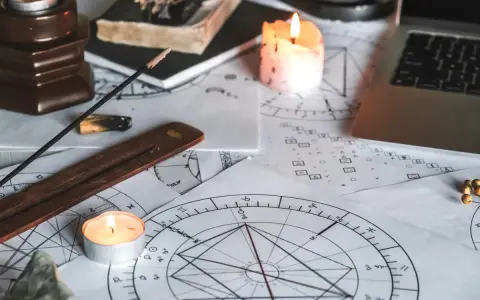 Świece i kadzidełka tworzą mistyczną atmosferę wokół kart astrologicznych. 11 dom astrologia w centrum uwagi.
