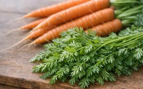 Un bouquet de fanes de carottes fraîches et vertes repose à côté de carottes orangées sur une planche en bois.