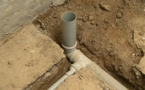 Fragment budowy kanalizacji. Szare rury układane są w wykopie, otoczone ziemią i fragmentami betonu.
