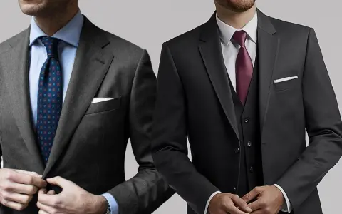 Two men showcase stylish charcoal suit combinations. One wears a patterned tie, the other a burgundy tie and vest.