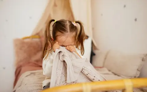 Kleines Kind mit Zöpfen versteckt sich unter einer Decke, weil es Angst vor Monstern hat.