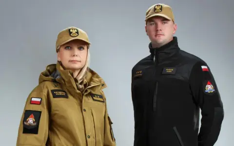 Kobieta i mężczyzna w nowych mundurach PSP: piaskowa kurtka i czarna bluza.