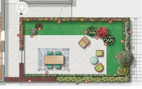 Un terrazzo sul tetto con prato, aiuole fiorite, mobili da esterno e un tavolo da pranzo.