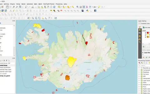 Map of Iceland showing protected areas with drone flight restrictions, indicating areas always prohibited, and seasonal restrictions for May-Sept and June-Sept.