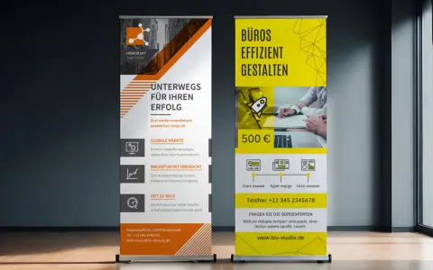 Dos roll up ejemplos publicitarios: uno naranja con "UNTERWEGS FÜR IHREN ERFOLG" y otro amarillo con "BÜROS EFFIZIENT GESTALTEN".