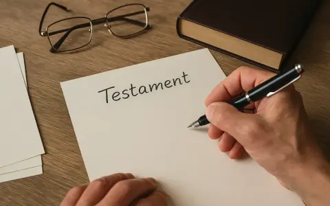 Dłoń pisze piórem na dokumencie z napisem "Testament". Obok leżą okulary i oprawiona księga.
