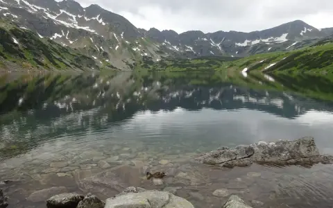 Spokojna tafla jeziora w Dolinie Pięciu Stawów odbija skaliste szczyty Tatr. Kaczka pływa wśród kamieni.
