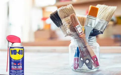 Un bote de WD-40 y un frasco de vidrio con varios pinceles sucios, listos para limpiar.