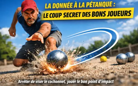 Un joueur de pétanque lance une boule qui éclabousse de terre. La donnée à la pétanque, le coup secret des bons joueurs.