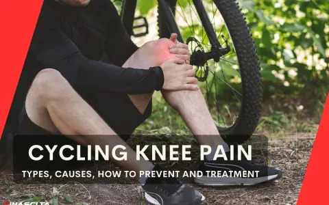 Cyclist holding sore knee, questioning if cycling reduces knee swelling. Text discusses cycling knee pain causes and treatment.