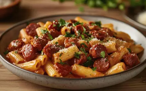 Macarrones con chorizo en salsa roja, espolvoreados con queso rallado y perejil.