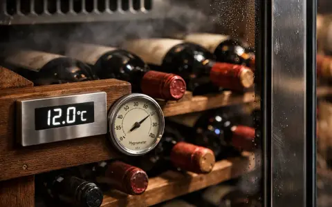 Cave à vin avec bouteilles rangées. Un thermomètre affiche 12.0°C, garantissant la température idéale pour la conservation.