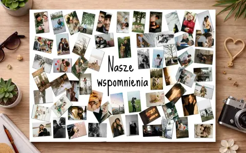Jak zrobić kolaż ze zdjęć? Na białej kartce ułożono wiele małych, kolorowych i czarno-białych fotografii przedstawiających pary, rodziny i przyjaciół.