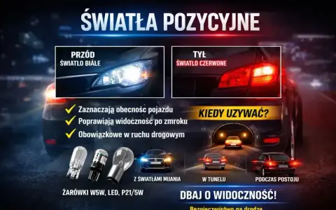 Światła pozycyjne i postojowe: białe z przodu, czerwone z tyłu. Zapewniają widoczność i bezpieczeństwo na drodze.