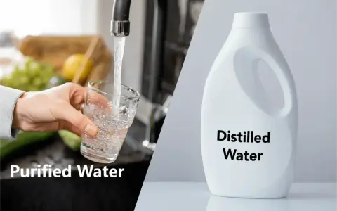 Comparaison visuelle : eau du robinet purifiée dans un verre et une bouteille d'eau distillée. Comprendre la différence eau distillée et déminéralisée.