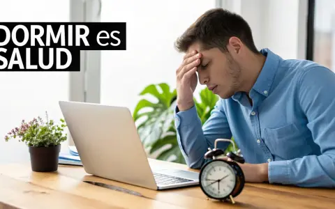 Joven con dolor de cabeza frente a su laptop, buscando trucos para dormir mejor. El reloj marca la hora.
