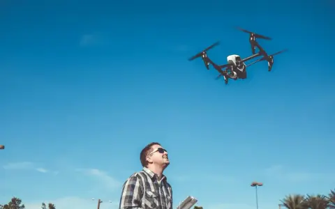 Ein **Drohnenpilot** steuert mit einer Fernbedienung einen Quadrocopter am blauen Himmel.