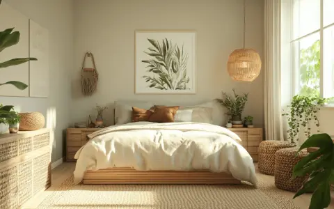 Chambre feng shui apaisante avec lit bas en bois, linge de lit clair, plantes vertes et lumière naturelle douce.