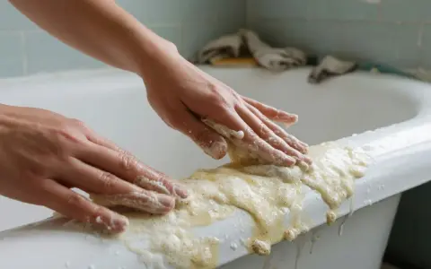 Händer gnuggar bort envis kalk med skum i ett badkar.