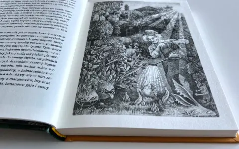 Ilustracja z książki: dziwny ogród z potworami i staruszką podlewającą rośliny. Może to serce żyrafy?