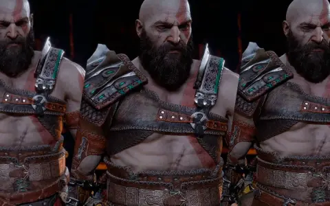 Kratos, el dios de la guerra, listo para el Ragnarok. Su armadura de cuero y metal, con detalles en verde, resalta su imponente figura.