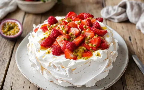 Pavlova aux fruits rouges et fruits de la passion, une délicieuse recette russe pour un dessert léger et aérien.
