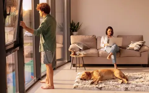 Hombre abre ventana, mujer trabaja en laptop en sofá, perro duerme. El ruido exterior, 40 dB es mucho ruido, interrumpe la paz.