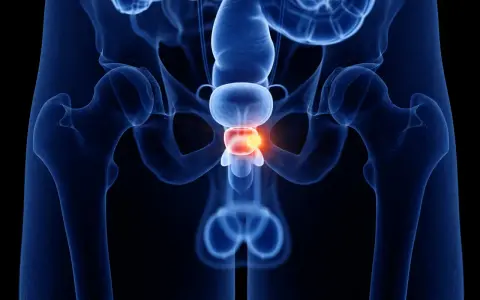 Anatomical rendering of the male pelvic region, highlighting the prostate with a glowing red area indicating a potential issue. Pytanie: czy prostatę można wyleczyć?