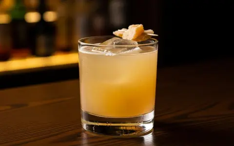 En gyllene penicillin drink med is och en garnering av ingefära på en träyta.