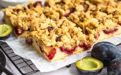 Saftiger Zwetschgenkuchen mit Streuseln, frisch gebacken und bereit zum Genießen. Daneben liegen frische Zwetschgen.