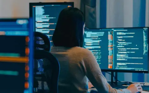 Eine Person mit Brille arbeitet an mehreren Bildschirmen, die Code anzeigen. Die **windows vollbild** Ansicht auf dem Hauptmonitor ist klar erkennbar.