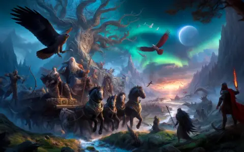 En vagn dragen av hästar, med gamla män och örnar, under norrsken. En scen som påminner om fornnordisk religion och mytologi.
