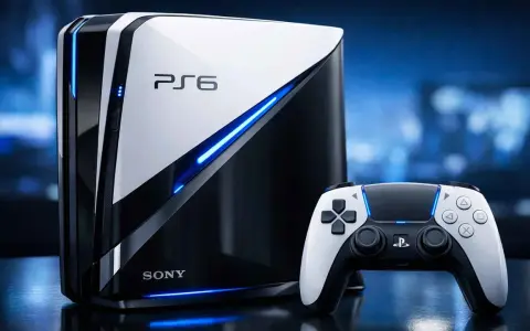 Console PlayStation 6 futuriste, blanche et noire, avec éclairage bleu vif. Manette assortie à proximité.