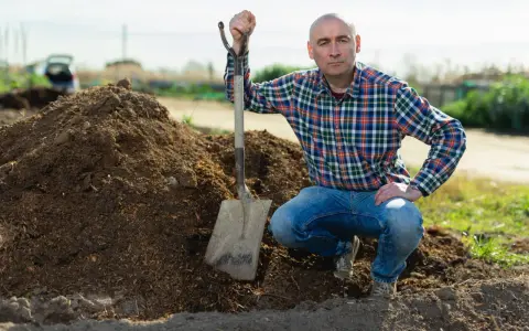 Un homme en chemise à carreaux et jean, pelle à la main, près d'un tas de tourbe blonde. Il est prêt pour son utilisation au jardin.