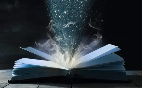 Otwarta księga, z której wydobywa się magiczny pył i dym, niczym zaklęcia z Harry'ego Pottera.